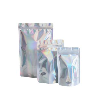 China Moisture Proof In Stock, Custom Double Side Holographic Laser Foil Mylar Glossy Resealable Backing Zipper Zip Up Pockets Bags Packaging for sale