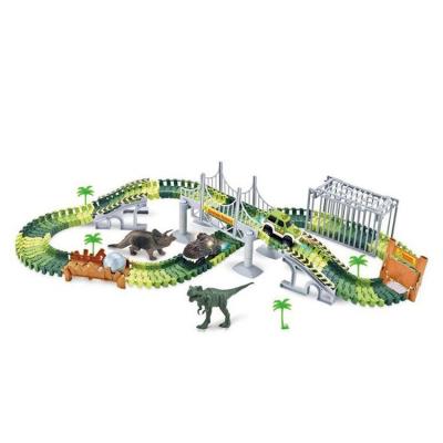 China Online Hot Selling Slot Toy Dinosaur Toys Racing Track 144 Pcs Flexible Track Game Set With 2 Different Cars DIY Toys For Kids for sale