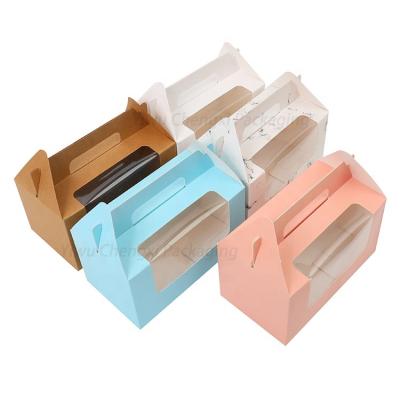 China Recycled Materials Customized Logo Printed Wedding Cake Boxes With Clear Window And Handle 2/4/6 Hole Birthday Pastry Packaging for sale