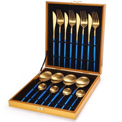 China Aminno Sustainable Kitchen Accessories 410 Stainless Steel 16 PCS Wooden Box Dinner Cutlery Set for sale