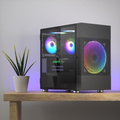 China With Side Panel Window Front 200mm Rainbow Fan Pre-installed, Door Opening Tempered Glass Side Panel, Mini Tower Black Mesh Computer Gaming PC Case for sale