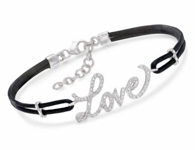 China Sterling Silver Bangle Bracelet , Stylish Girls Black Leather Love Bracelet for sale