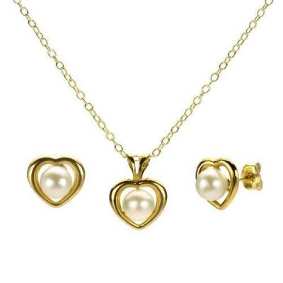 China Yellow gold  Ladies Jewelry Sets Hollow Heart With Pearl Wedding Jewelry Sets for sale