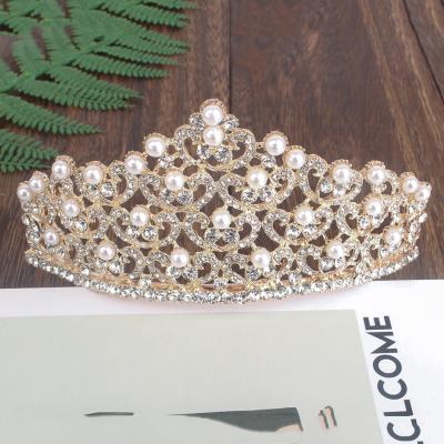 China Bridal Hairwear Rose Gold Zirconia Wedding Tiara Faux Pearl W15xH6.3 for sale