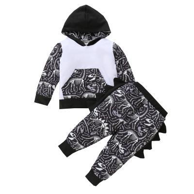 China Children's Anti-Shrink Spring And Autumn Pocket Hooded Sweater Dinosaur Two Piece Pants Suit for sale