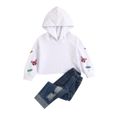 China 2021 Autumn Winter New Baby Girl's anti-shrink suit long sleeve printed hoodie + denim two-piece pants for sale