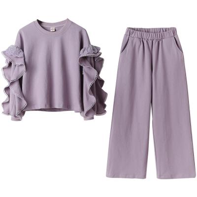 China 2021 Children's Anti-Shrink Loose Wide-leg Big Lace Sweater Long Sleeve Pants Girl Two Piece for sale