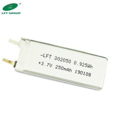 China Toys Ultra Slim Rechargeable 3.7v 250mah Lithium Polymer Lipo Battery For Wearable Devices 302050 for sale