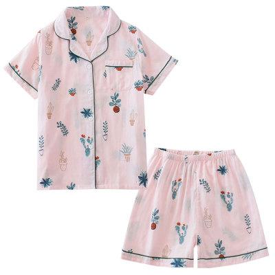 China Customized Lapel sleepwear short sleeve Shorts PAJAMAS set comfortable soft cotton pajamas women for sale