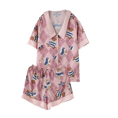 China Short Sleeve Silk Satin Pajamas V-Neck Floral Printed Knitted Weaving 2 Piece Sets for sale