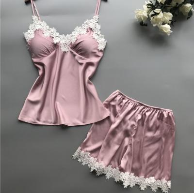 China Fashion Design Pajamas Pure Color Satin Sleepwear With Lace Edge 2 Piece Soft Material pajamas for sale