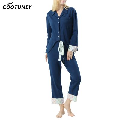 China Designer Autumn Ladies Two Pieces Bamboo Sleepwear Turn Down Collar Custom Logo Cotton Pajamas for sale