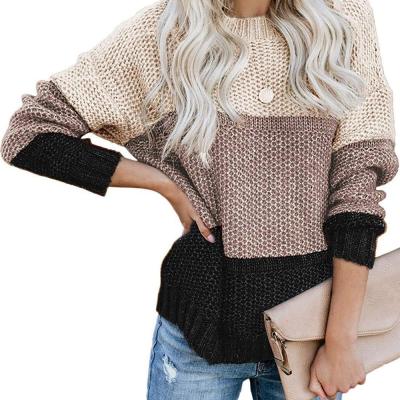 China Winter Ladies Knitted Pullover Sweater Color Block Crew Neck Long Sleeve 100% Polyester for sale