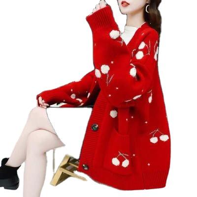 China 2020 New Fashionable Red Knitted Cherry Sweater Cardigan Women's Loose Large size Christmas sweater for sale