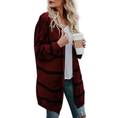 China Womens Long Sleeve Soft Chunky Knit Sweaters Striped Open Front Cardigan with Pockets for sale