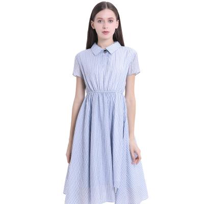 China Summer Women'S Stylish Office Wear Dresses Short Sleeves Casual Plaid Polo Neck Clothing for sale