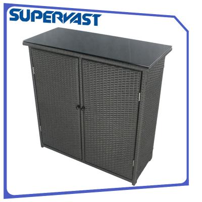 China Black Resin Wicker Patio Furniture Poly Rattan Storage Cabinet with Glass Top Te koop