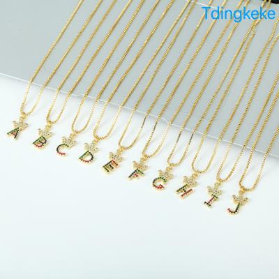 China New Fashion 18k Gold Fashion Rainbow Crystal 26 Letter Dangle Initial Diamond Name Letter Charm Necklace with Crown Necklaces for Women for sale