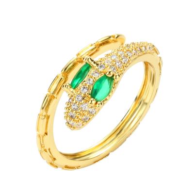 China 2021 Fashion Women Snake Head CZ Ring 18K Gold Green Eye Crystal Adjustable Dropshipping Copper Luxury Ring for sale