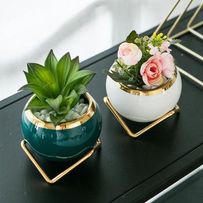 China Simple Creative Corrosion Resistance Planter Succulent Pot With Metal Frame Zakka Combination Plant Potted Ceramic Pots for sale