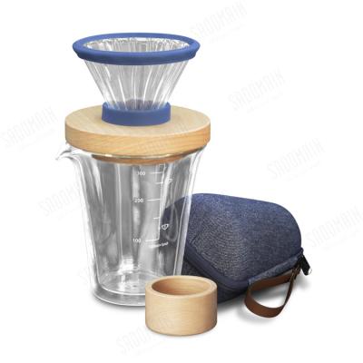 China Durable Double Layer Heat Resistant Travel Beech Wood Filter Mug Glass Teapot Set 350ml With Leather Case Included for sale