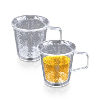 China Double Layer Viable Heat Resistant Travel Hammer Pattern Glass Mug, Coffee Mug, Tea Cup With Handle 250ml Double Layer Glass Tea Mug for sale