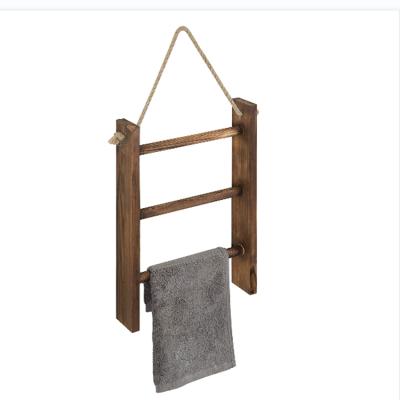 China Aseptic Rustic Wooden 3-Tier Wall Hanging Towel Ladder with Rope, Dark Brown for sale