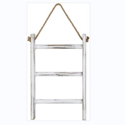 China Aseptic Rustic Wooden 3-Tier Wall Hanging Towel Ladder with Rope-White-Washed for sale