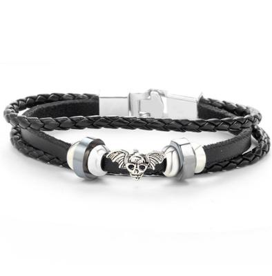 China Casual/Sporty Stainless Steel Leather Bracelet, Men's Woven Multi-Layer Ghost Head Bracelet, Leather Rope for sale