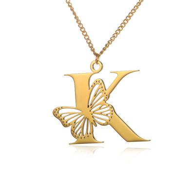 China Other New 18k Gold Plated Stainless Steel Hollow Butterfly Necklace Letter Pendant 26 Letter Necklace for sale