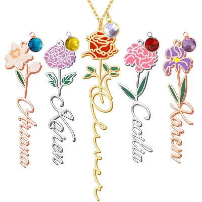 China Other Newly Designed Custom Jewelry for Parents/Sisters Birthday Gifts Birth Flower Colorful Drip Name Necklace for sale