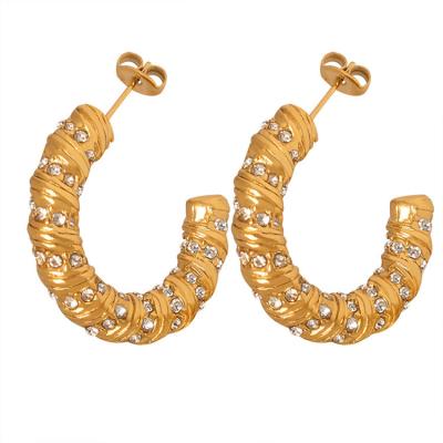 China TRENDY New Stainless Steel Waterproof Plated 18K Gold Rib Rolled Earrings with Diamond Embedding Fashion Earrings for Women for sale