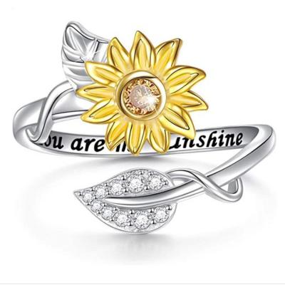 China Other Hot Selling Gold Two Tone Sunflower Ring For Women With A Sense Of Design, Opening Zircon Letter Jewelry Ring for sale