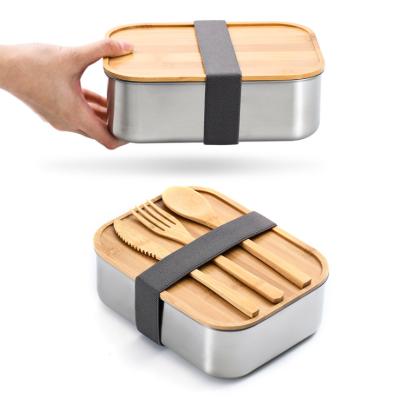 China Sustainable High Quality Square 304 Stainless Steel Food Container Bento Lunch Box With Bamboo Lid for sale