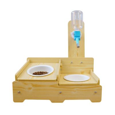 China 2021 Sustainable Newest Style High End Wooden Pet Feeding Small Pet Cat Dog Feeder With Hanging Water Bottle for sale