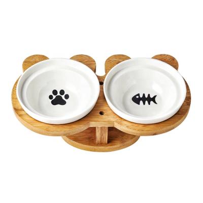 China Sustainable Wholesale Gifts Ceramic Pet Food And Water Bowls Double Bamboo Stand Pet Bowls For Dogs And Cats for sale