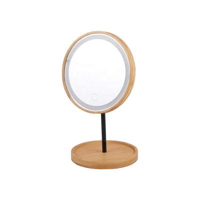 China Small Quantity Acceptable Adjustable 3 Color Dimming Switch LED Lighted Bamboo Wooden Touch Screen Makeup Mirror USB Rechargeable for sale