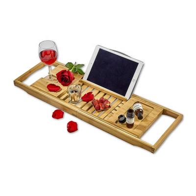 China Bolt Inserting Type Bamboo Tray Extending Arms Wine Glass Mobile Phone Holder Tray With Reading Rack Tablet Tub Cart for sale