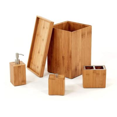 China Sustainable Eco Friendly Natural Bamboo 6 Piece Bathroom Accessories Set With Toothbrush Holder Tray And Toilet Brush Vanity for sale