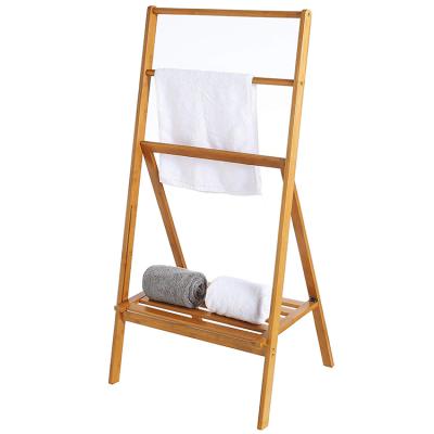 China Fashion Free Standing Premium Bamboo Folding Towel Rack Holder Organizer with Shelf for Bath and Hand Towels for sale