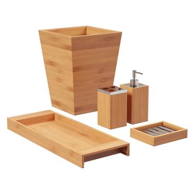 China Sustainable 5 Piece Set Elegant Natural Bamboo Collection Bathroom Accessories Sets for sale