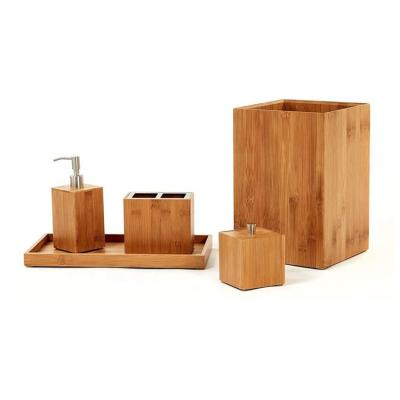 China Viable Wholesale Modern Luxury Natural Bamboo Bathroom Accessories Sets 5 Pieces With Bamboo Rack For Hotel for sale