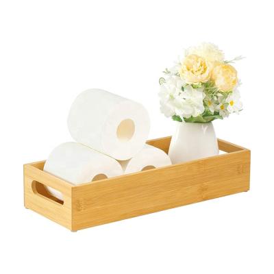 China Sustainable Bamboo Tray with Handles Toilet Paper Storage Tissue Holder Organizer Box for Bathroom Toilet Cistern Kitchen Counter for sale