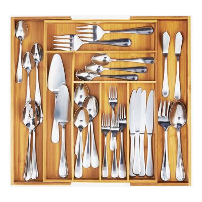 China Bamboo Expandable Cutlery Organizer Tray Wooden Adjustable Knife Holder Cutlery Drawer Organizer for sale