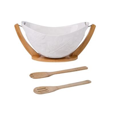 China Sustainable Eco Friendly Wholesale Kitchen Ceramic Salad Bowl Set With Bamboo Tableware Fork Spoon Shelf Set for sale