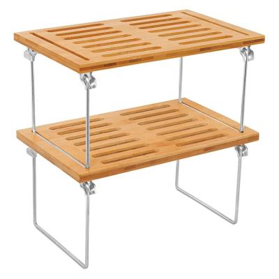 China Best Sustainable Stacking Bamboo 2 Shelf Serving Shelf Buffet Cabinet Storage Organizer for sale