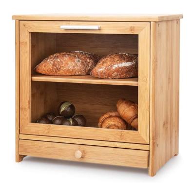 China Freshness Keeping Bamboo Bread Bins 2 Layer Bread Storage Container Box with Front Drop Lid and Clear Window for Kitchen for sale