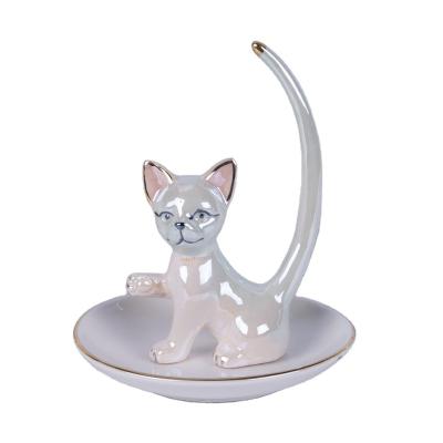 China Unique Ceramic Trinket Tray Eco-friendly Cat Gift Valentine Ring Holder Dish For Jewelry for sale