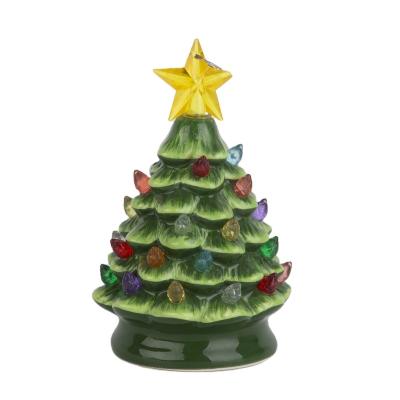 China Indoor Ceramic Table Decor Ornaments Battery Operated Green Ceramic 10inch Christmas Tree With Multicolor Lights for sale