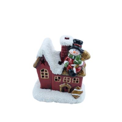 China Christamas Home Decoration Christmas Promotional Cheap Red Snowman and House Ceramic Light Ornaments for Hotel Home Decoration for sale